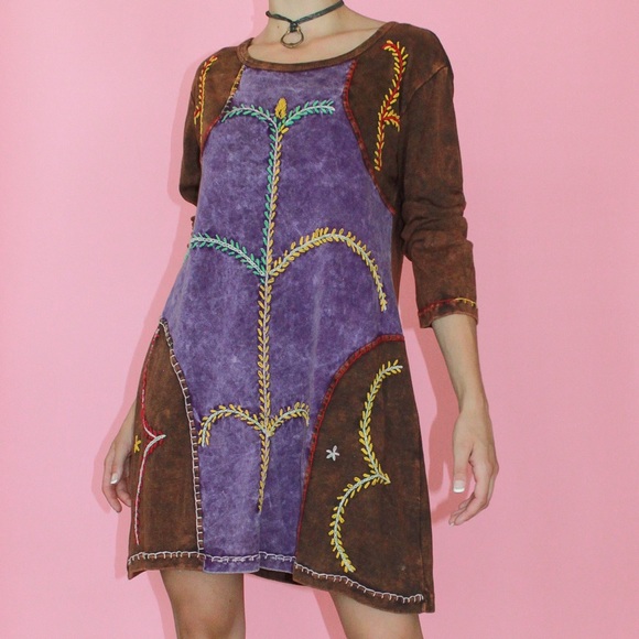 KPC Boho Purple/Brown Acid Wash Patchwork Embroidered Dress - US 6 - Picture 1 of 13